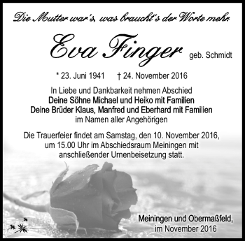 Traueranzeige von Eva Finger von Südthüringer Presse