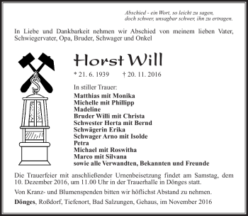 Traueranzeige von Horst Will von Südthüringer Presse