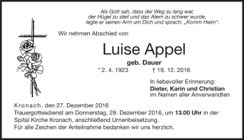 Traueranzeige von Luise Appel von Neue Presse Coburg