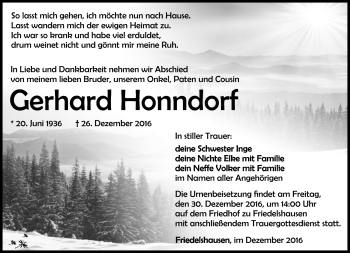 Traueranzeige von Gerhard Honndorf von Südthüringer Presse