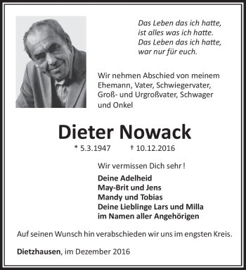 Traueranzeige von Dieter Nowack von Südthüringer Presse