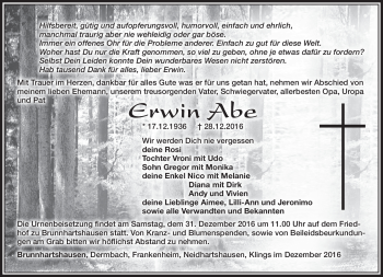 Traueranzeige von Erwin Abe von Südthüringer Presse