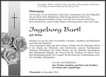 Traueranzeige von Ingeborg Bartl von Südthüringer Presse