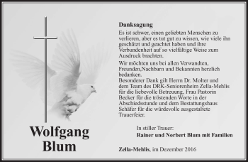 Traueranzeige von Wolfgang Blum von Südthüringer Presse