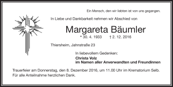 Traueranzeige von Margareta Bäumler von Frankenpost