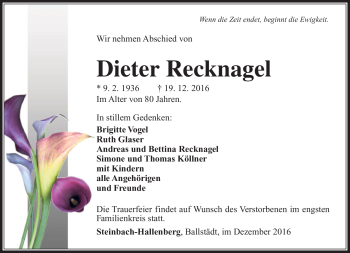 Traueranzeige von Dieter Recknagel von Südthüringer Presse