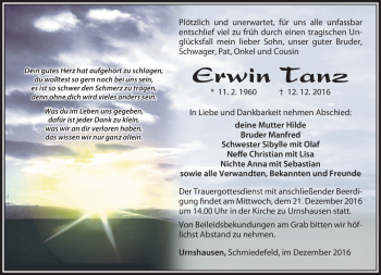 Traueranzeige von Erwin Tanz von Südthüringer Presse