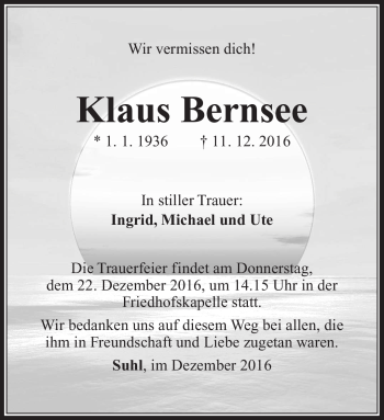 Traueranzeige von Klaus Bernsee von Südthüringer Presse