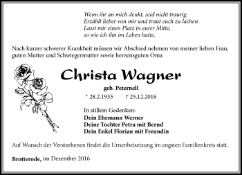 Traueranzeige von Christa Wagner von Südthüringer Presse