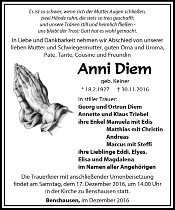 Traueranzeige von Anni Diem von Südthüringer Presse