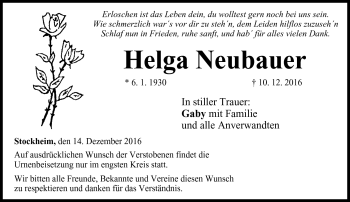 Traueranzeige von Helga Neubauer von Neue Presse Coburg