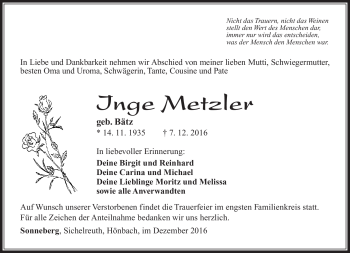 Traueranzeige von Inge Metzler von Südthüringer Presse