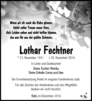 Traueranzeige von Lothar Fechtner von Südthüringer Presse
