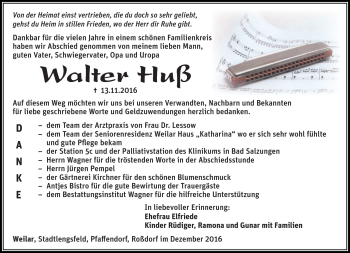Traueranzeige von Walter Huß von Südthüringer Presse