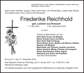 Traueranzeige von Friederike Reichhold von Neue Presse Coburg