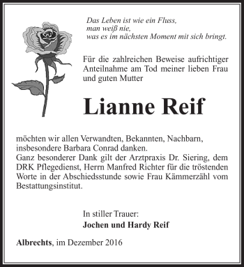 Traueranzeige von Lianne Reif von Südthüringer Presse