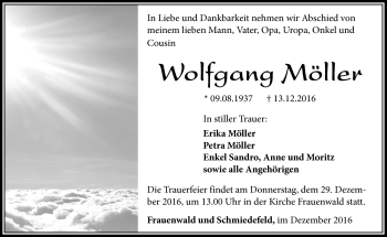 Traueranzeige von Wolfgang Möller von Südthüringer Presse