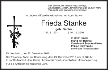 Traueranzeige von Frieda Stanke von Neue Presse Coburg
