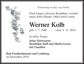 Traueranzeige von Werner Kolb von Südthüringer Presse