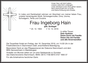 Traueranzeige von Ingeborg Hain von Frankenpost