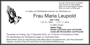 Traueranzeige von Maria Leupold von Frankenpost