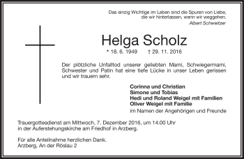 Traueranzeige von Helga Scholz von Frankenpost