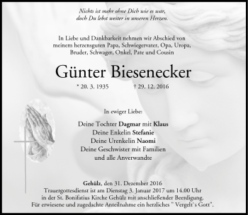 Traueranzeige von Günter Biesenecker von Neue Presse Coburg