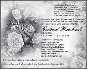 Traueranzeige von Gertrund Heubach von Südthüringer Presse