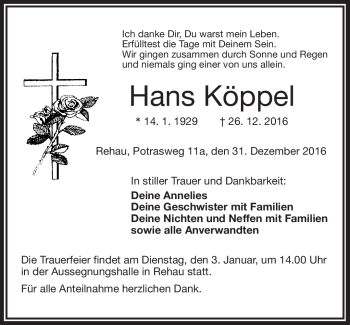 Traueranzeige von Hans Köppel von Frankenpost