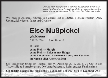 Traueranzeige von Else Nußpickel von Südthüringer Presse