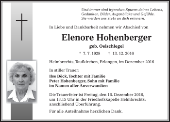 Traueranzeige von Eleonore Hohenberger von Frankenpost
