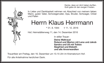 Traueranzeige von Klaus Herrmann von Frankenpost