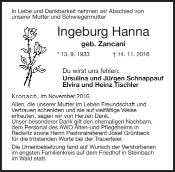 Traueranzeige von Ingeburg Hanna von Neue Presse Coburg
