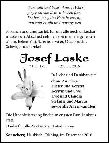 Traueranzeige von Josef Laske von Südthüringer Presse