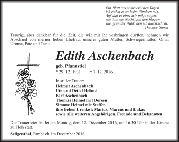 Traueranzeige von Edith Aschenbach von Südthüringer Presse