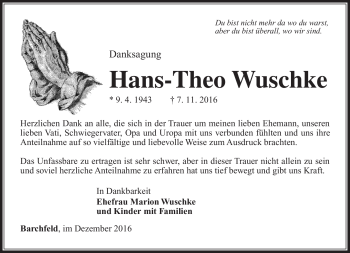Traueranzeige von Hans-Theo Wuschke von Südthüringer Presse