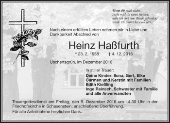 Traueranzeige von Heinz Haßfurth von Frankenpost
