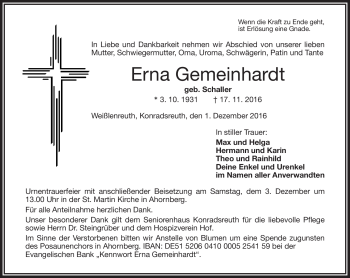 Traueranzeige von Erna Gemeinhardt von Frankenpost