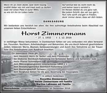 Traueranzeige von Horst Zimmermann von Südthüringer Presse