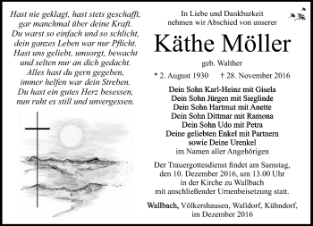 Traueranzeige von Käthe Möller von Südthüringer Presse