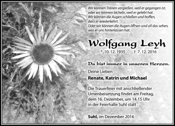 Traueranzeige von Wolfgang Leyh von Südthüringer Presse