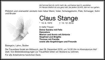 Traueranzeige von Claus Stange von Frankenpost