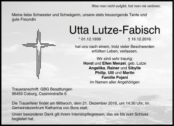 Traueranzeige von Utta Lutze-Fabisch von Neue Presse Coburg