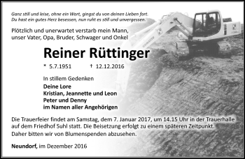 Traueranzeige von Reiner Rüttiger von Südthüringer Presse