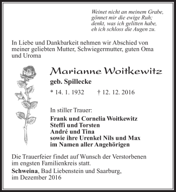 Traueranzeige von Marinanne Woitkewitz von Südthüringer Presse