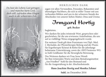Traueranzeige von Irmgard Hortig von Südthüringer Presse