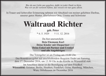 Traueranzeige von Waltraud Richter von Südthüringer Presse