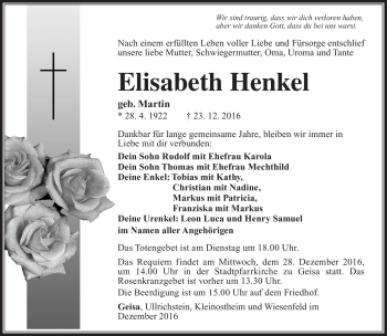Traueranzeige von Elisabeth Henkel von Südthüringer Presse