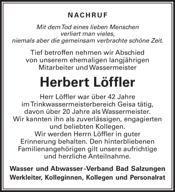 Traueranzeige von Herbert Löffler von Südthüringer Presse