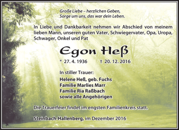 Traueranzeige von Egon Heß von Südthüringer Presse